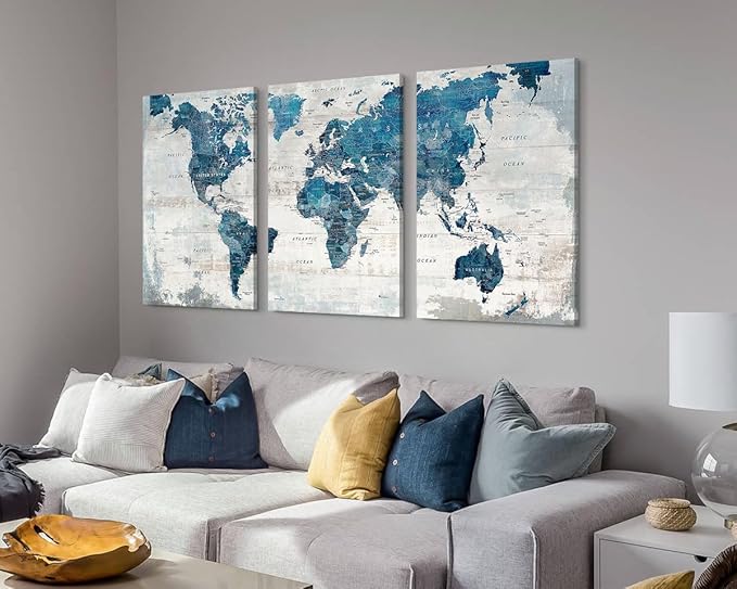 Wall Art Home Office Decor Map of The World Pictures for Living Room Extra Large Canvas Abstract Blue Bedroom Kitchen Dining Room Home Decor