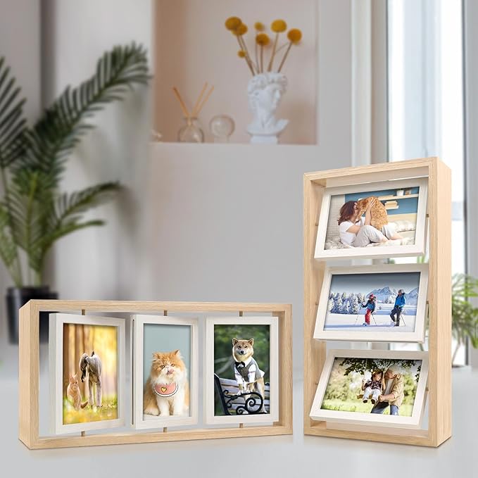 ZEEYUAN 4x6 Rotating Picture Frame Rustic Double Side Family Photo Frame, 4x6 Floating Wooden Picture Frame Vertical Collage Photo frame for Tabletop Display