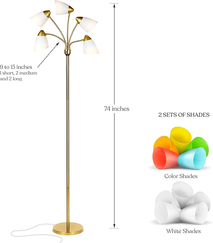 Brightech Medusa LED Floor Lamp – Multi-Head Dimmable Floor Lamp for Living Rooms & Offices – Tall Lamp with Interchangeable Shades, Adjustable Standing Lamp for Bedroom Reading – Brass/Gold