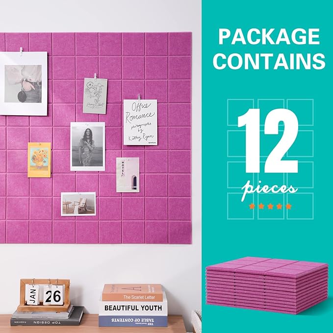 Cork Board for Walls 48" x 36", Bulletin Board for Office Decor, 12 Pack Felt Wall Tiles with Safe Removable Adhesive, Pin Tack Corkboard for Quilting Design & Dart Wall Protector - Dusty Rose