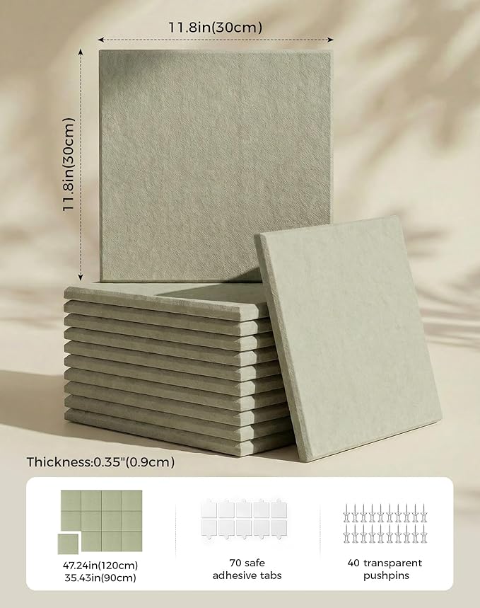 Aothia 12-Pack Felt Bulletin Board Tiles for Walls, 48x36 Modular Bulletin Board, Cork Board Alternative Pin Board for Office & Classroom, 70 Adhesive Tabs & 40 Push Pins Included (Sage Green)