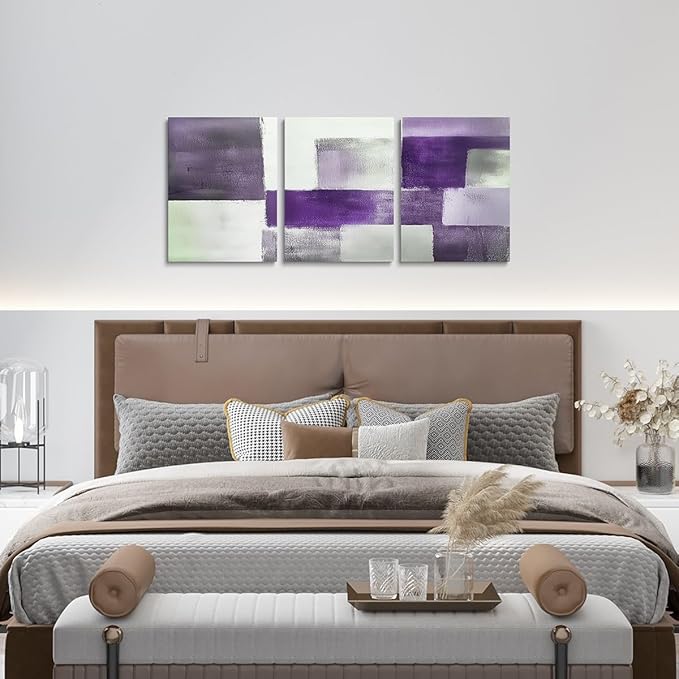jejeloiu Modern Art 3 Piece Canvas Wall Art for Living Room Bedroom Abstract Art Picture Wall Decor 12"x16"x3pcs Purple Abstract Oil Painting Office Decorations Artwork Posters