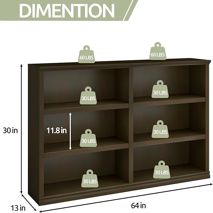 blini Bookshelf Double Wide 64 in 3-Tier 6 Cube Storage Organizer Wooden Bookcase for Bedroom and Home Office Decor Display