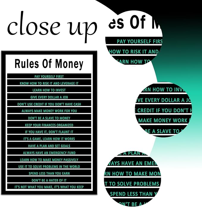 Inspirational Wall Art Rules Of Money Motivational Poster Quotes Wall Decor for Bedroom Bathroom Office Canvas Print Sign Framed Art Decoration Framed Ready to Hang [12''Wx18''H]