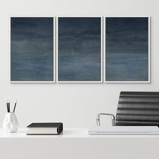 SIGNWIN Framed Canvas Print Wall Art Abstract Blue Landscape Modern Minimalist Navy Blue and Gray Nature Wilderness Modern Art Cool for Living Room, Bedroom, Office - 16"x24"x3 White