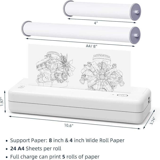 Inkless Wireless Printer for Home Offices & Travel, Supports 8" & 4" Thermal Paper Roll, Perfect for iOS Android & Laptops, Compact Printer for Bussiness Trips, No Ink Needed