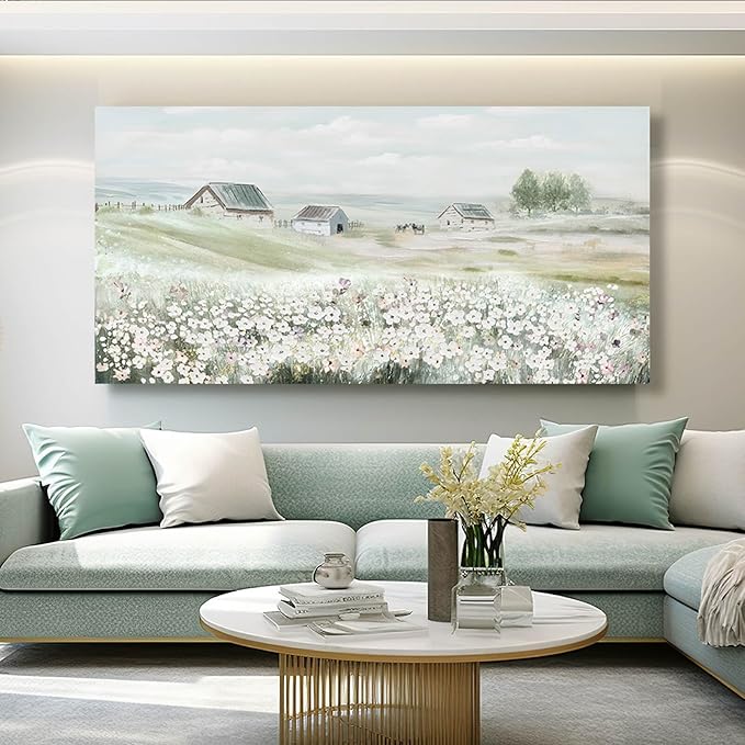 Large Framed Wall Art for Living Room - Grassland Landscape Home Wall Decor - Vintage Neutral Canvas Pictures for Bedroom 29"x 58" Office Wall Hanging