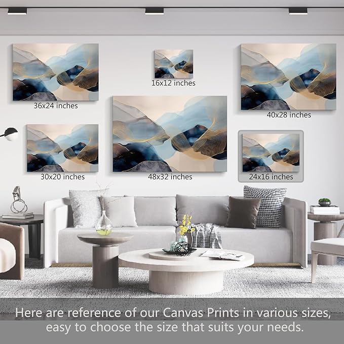 gaosoul Modern Blue Abstract Canvas Wall Art Oil Painting Giclee Print of Flowing Azure Textures Delicate Gold Filigree Soft Color Transitions Minimalism Artwork for Home Office Decor Framed 24x16in