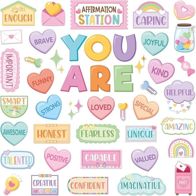 45pcs Candy Affirmation Station Bulletin Board Set Motivational Posters Classroom Mirror Growth Mindset Decor Positive Affirmations Accents Cutouts for School Office Home Teacher Wall