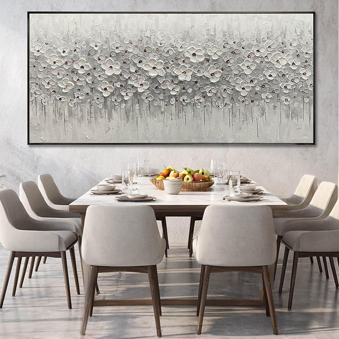 SDYA Oversized White Flower Wall Art, Hand Painted Floral Canvas Paintings With Frame, Extra Large Modern Wall Decor for Living Room Bedroom Office 40"x86"