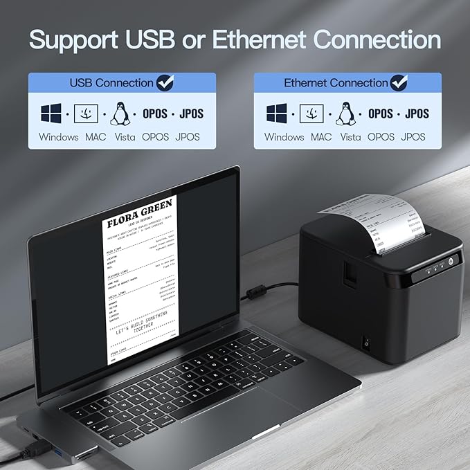 BISOFICE 80mm Receipt Printer ESC/POS Thermal Printer Desktop Direct Print USB+LAN Connection High Efficiency with Auto Cutter Large Paper Bin for Shipping Business Restaurant Kitchen Supermarket