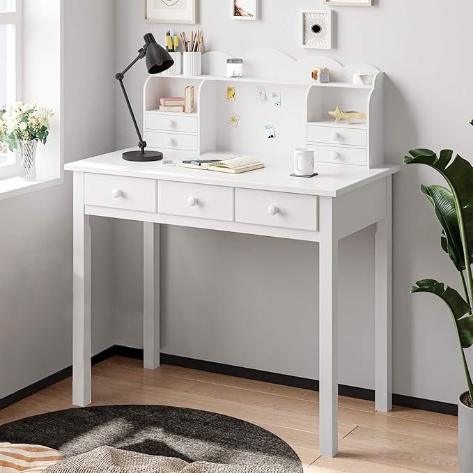 ADORNEVE Writing Desk with 7 Drawers, Home Office Desk with Hutch, Student Desk Study Table, Small White Desks, Solid Pine Wood Legs