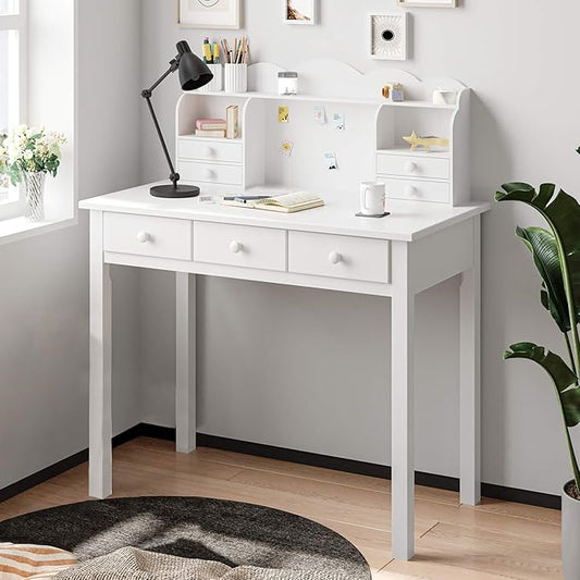 ADORNEVE Writing Desk with 7 Drawers, Home Office Desk with Hutch, Student Desk Study Table, Small White Desks, Solid Pine Wood Legs