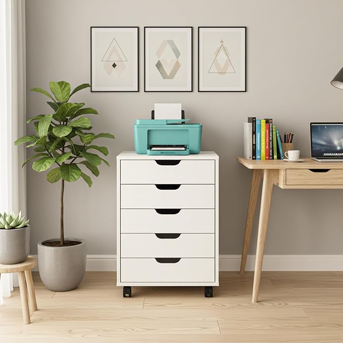 VINGLI 5 Drawers Mobile File Cabinet with Wheels, Under Desk Storage Organization, Vertical Filing Chest Rolling Wood Small Desk Printer Stand for Home Office, 19" W × 15.8" D × 25.6" H, White