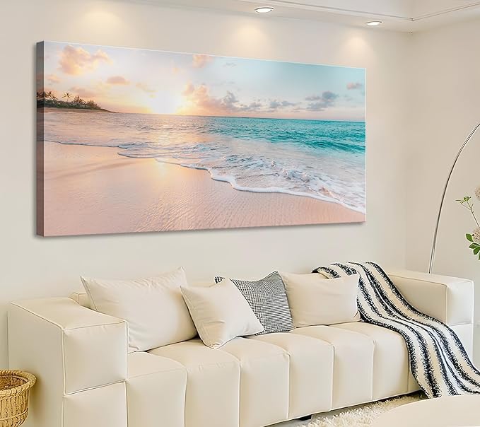 OKEXCKK Beach Large Canvas Wall Art Picture for Living Room - Sunset Ocean Nature Painting Print Decor Coastal Wall Decor Seascape Artwork Poster for Bedroom Decoration - 24"x48"
