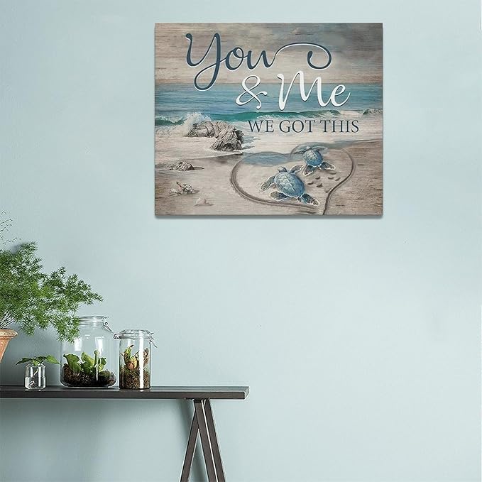 Beach Sea Turtle Bathroom Wall Art Coastal Turtle Love Pictures Wall Decor Ocean Nautical Canvas Seascape Painting Modern Artwork Home Decoration for Living Room Bedroom Office Framed 24"x20"