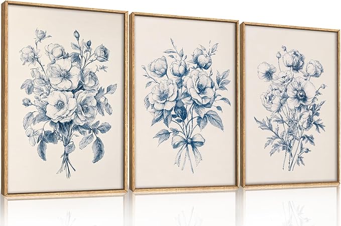KAIRNE Blue Floral Wall Art Set of 3, Vintage Botanical Flower Framed Canvas Prints, Blue and White Chinoiserie Flower Artwork Decor for Living Room, Bedroom, Office - 16×24 inch