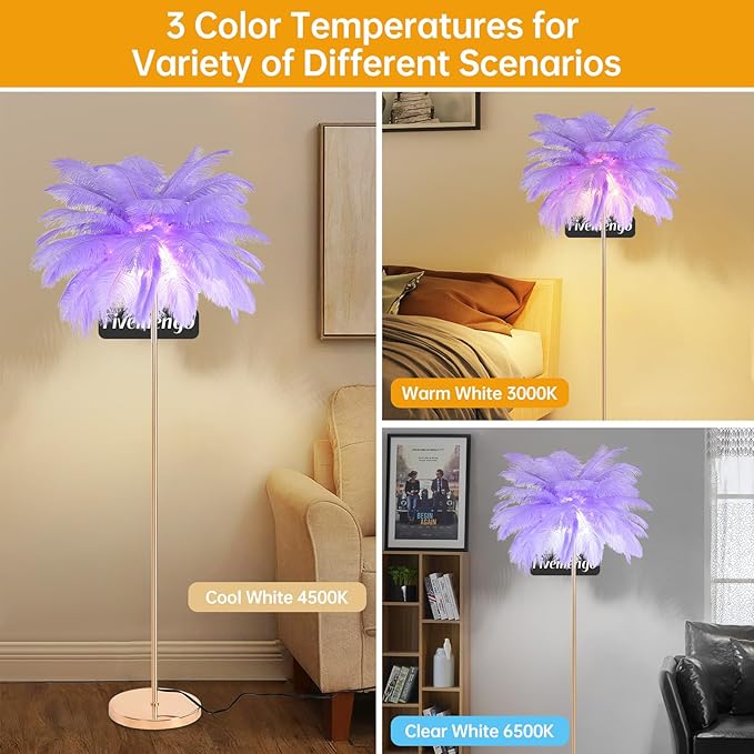 Feather Floor Lamp for Living Room, Fluffy Ostrich Feathers Lamp, Rose Gold Color Body, 3 Color Temperatures Modern Funky Tall Standing Lamp for Bedroom Inclued LED Bulbs (Light Purple)