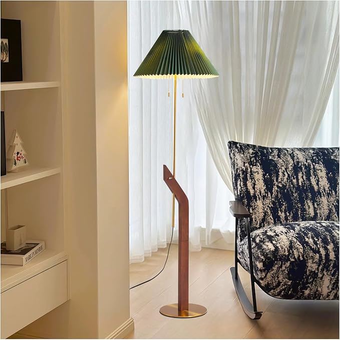Floor Lamps for Living Room,Mid Century Modern Wood Floor Lamp,Height Adjustable Study Room,Bedroom,Office Vintage Tall Standing Glod Floor Lamp,Green Pleated Lampshade
