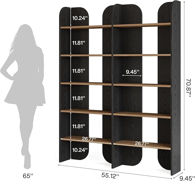 Tribesigns 5-Tier Farmhouse Bookshelf, 70.87-Inch Tall Double Wide Bookcase with Open Shelves, Vintage Floor Standing Book Shelf (1, Black+Brown)