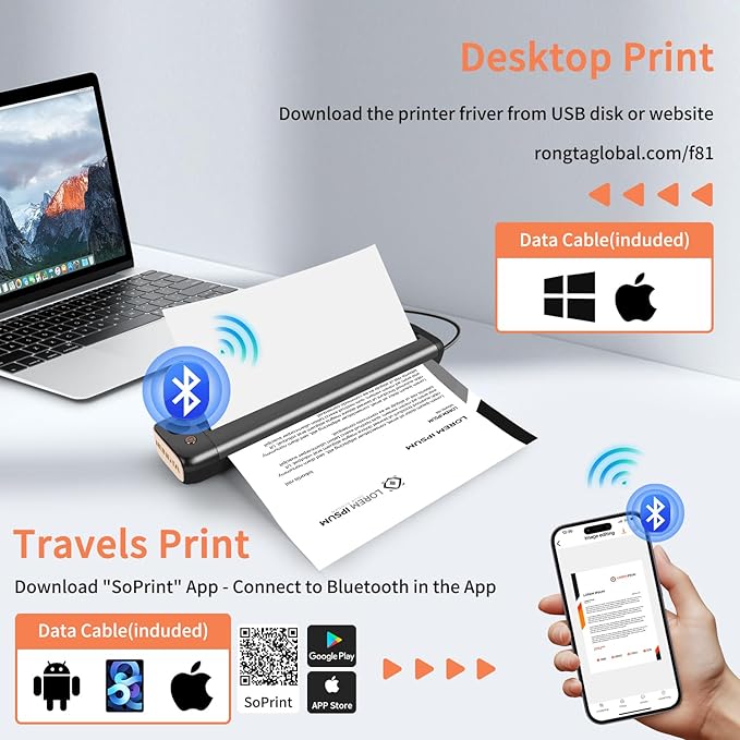 Rongta Portable Printer, Bluetooth Inkless Thermal Printer Wireless for Travel, Compatible with Android iOS Phone & Laptop, Supports 8.5" X 11" US Letter for Office, Home, Car, F81 (Gray)