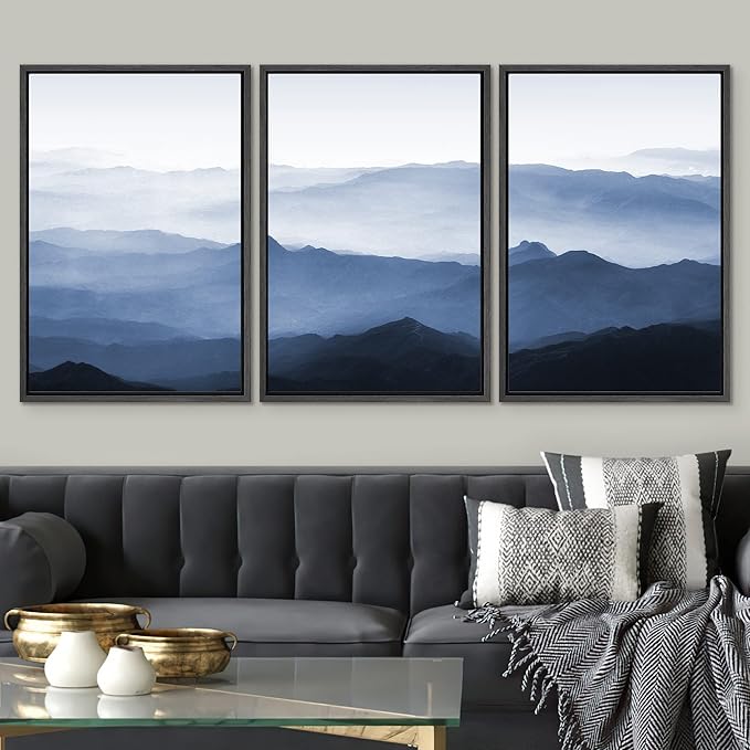 SIGNWIN Framed Canvas Print Wall Art Set Aerial View Misty Mountain Forest Valley Nature Wilderness Photography Modern Art Rustic Scenic Relax/Calm for Living Room, Bedroom, Office - 16"x24"x3 Black