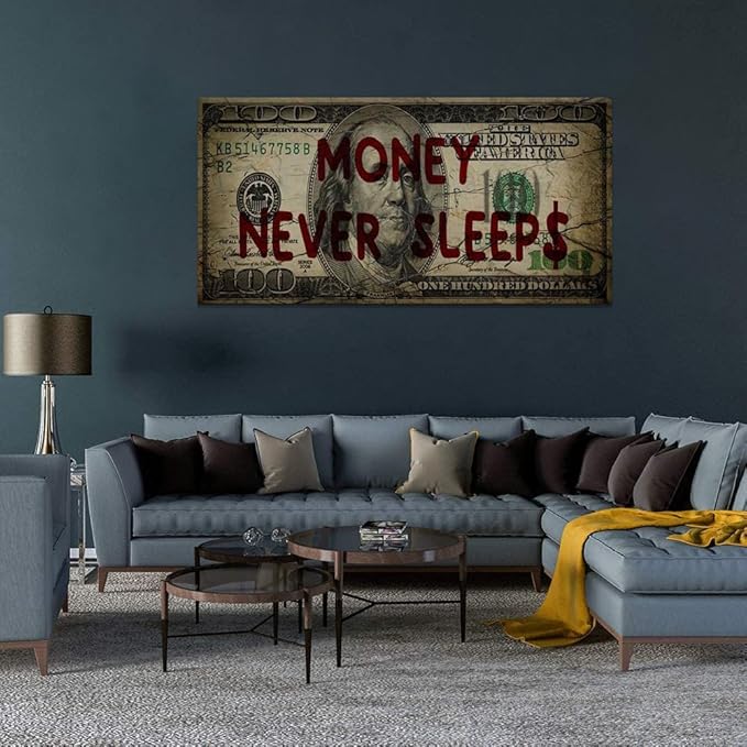 Canvas Money Wall Art Money Never Sleeps Inspirational Dollar Artwork Poster Canvas Painting Framed Ready to Hang-48x24 inches