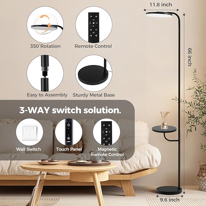 36W LED Floor Lamp with Table & Shelves, Minimalist Stepless Dimmable Torchiere with Dual Control (Remote & Touch), 350°Rotating Head Reading Floor Lamp for Living Room, Bedroom, Office