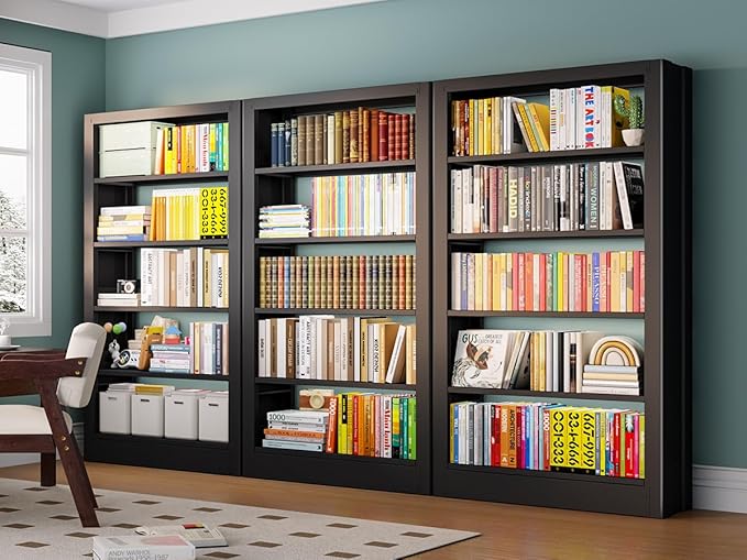 5-Tier Bookcase with Adjustable Storage Shelves, Metal Bookshelf with Book Stopper, Bookcase Shelf for Library, Office, Living Room (Black(1 Column,3 Combination Bookshelves))