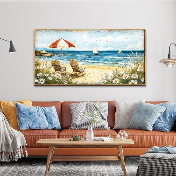 ERQINHUA Large Canvas Wall Art For Living Room Bedroom Wall Decor Office Blue Seaside Landscape Painting Wood Frame Room Bathroom Dining Room Prints Artwork Picture Home Wall Decoration 20x40 In