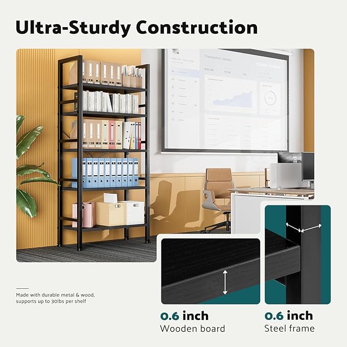 NEWBULIG Book Shelf 5 Tier Modern Bookcase Sturdy Metal Storage Organizer Books/CDs/Magazines Industrial Open Display Shelf for Bedroom Home Office Kitchen Living Room