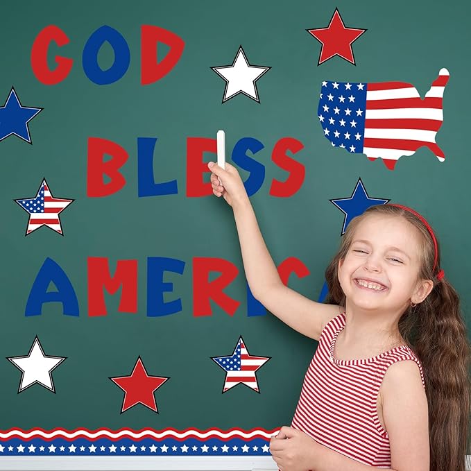 Whaline 60Pcs 4th of July Bulletin Board Decorations God Bless America Patriotic Star USA Map Cut-Outs Red White Blue Classroom Trim Border with Glue Point for Independence Day School Decor