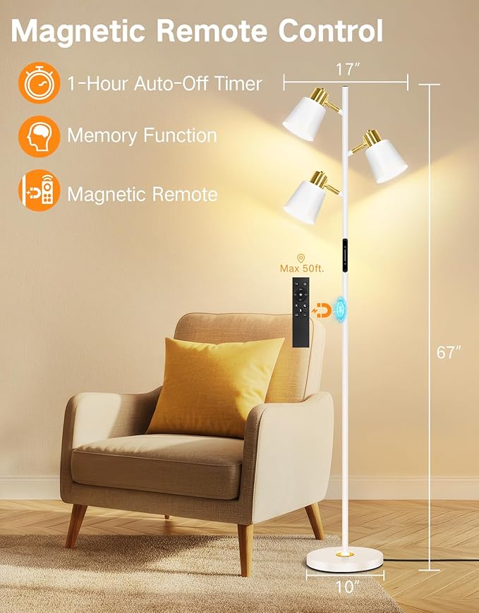 OUTON Tree Floor Lamp, LED Dimmable Floor Lamp with Remote and Touch Slide Control, 4 Color Temperatures, 3 Rotatable Lights, Modern Standing Lamp for Living Room Bedroom Office,White & Gold