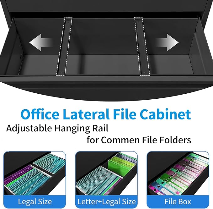 4 Drawer Lateral File Cabinet with Lock, Metal Lateral Filing Cabinet for Home Office, Steel Wide Horizontal Filing Cabinets for Letter/Legal/A4/F4 Hanging Files (Black)
