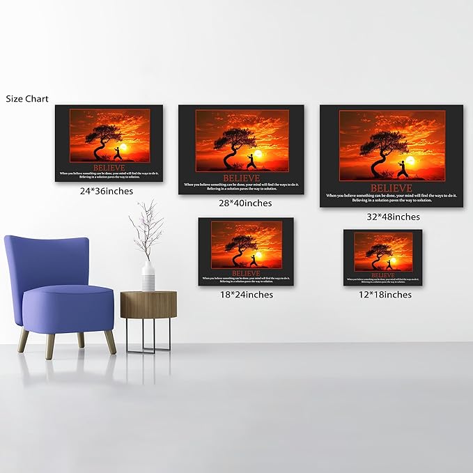 UZMKM - Office Wall Art, Motivational & Inspirational Quotes Canvas Wall Art for Home Office Wall Decor, Positive Quote Wall Decor, BELIEVE Words Poster Frame for Company Wall Decor 28x40 Inch