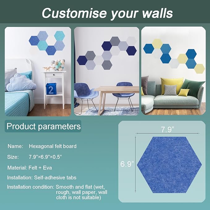 Felt Bulletin Board Tiles, 8 Pcs Hexagon Wall Tiles with Removable Adhesive, 7.9×6.9 Inch Cork Pin Board for Classroom, Home, Office (Set E, Middle)