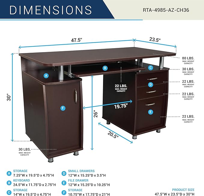 Techni Mobili 47.5'' Computer Desk with File Cabinet and Drawers, Storage Cabinet with Removable Shelf and Ventilation for CPU, Home Office Desk or Computer Workstation with Keyboard Tray (Chocolate)