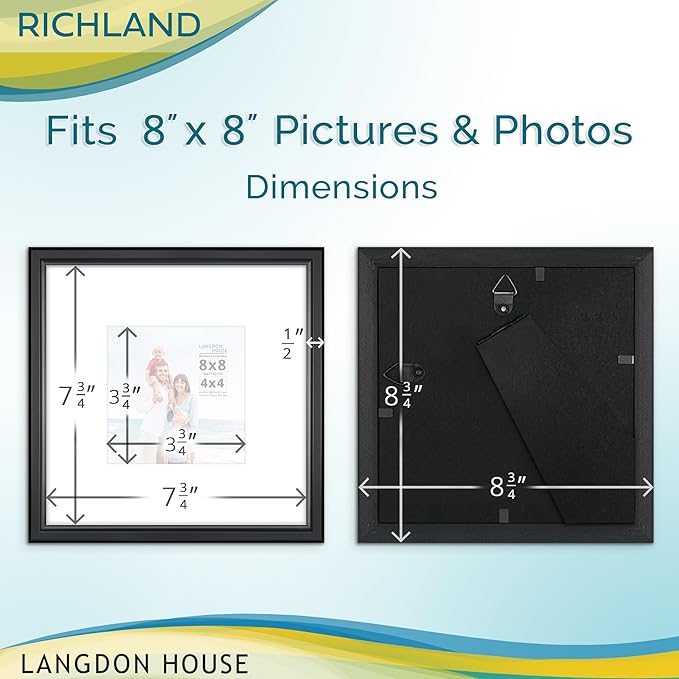 Langdon House - 8x8 Black Picture Frame with Mat to 4x4 - Distinguished Edging for Classic Style - Richland Collection