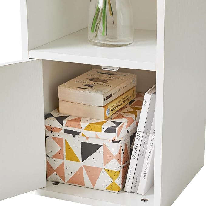 IBUYKE 6 Tier Narrow Bookcase with Doors, Cube CD DVD Storage Cabinet,Slim Media Tower Rack,Cabinet,White Bookcase Display Storage Shelves for Small Spaces,for Home Office White UWBC001W