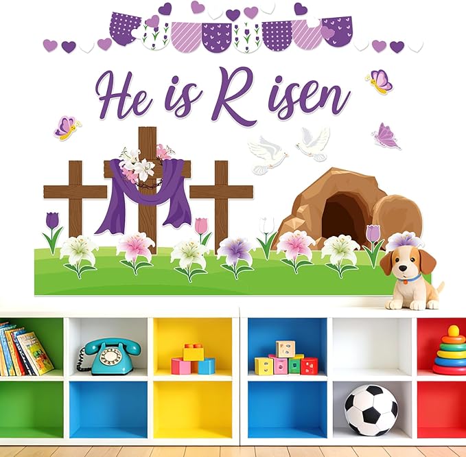 85Pcs Easter Bulletin Board Classroom Decorations Set He is Risen Christian Religious Bulletin Board Cross Flower Easter Cutouts Spring School Home Church Wall Door