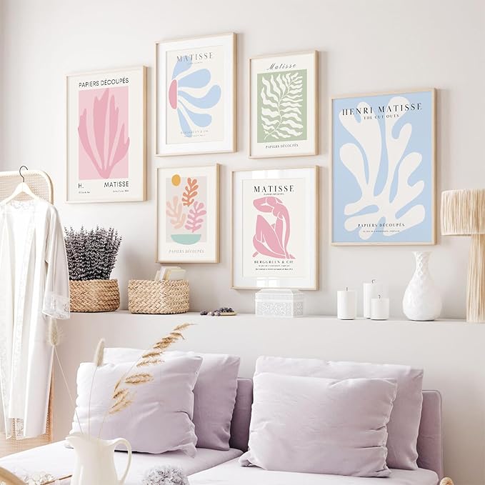 Henri Matisse Wall Art Prints Pink Blue Canvas Wall Decor Aesthetic Abstract Pictures Wall Art Danish Pastel Painting Henri Matisse Poster Trendy Plant Artwork for Bedroom 12x16 Inch Unframed Set of 6