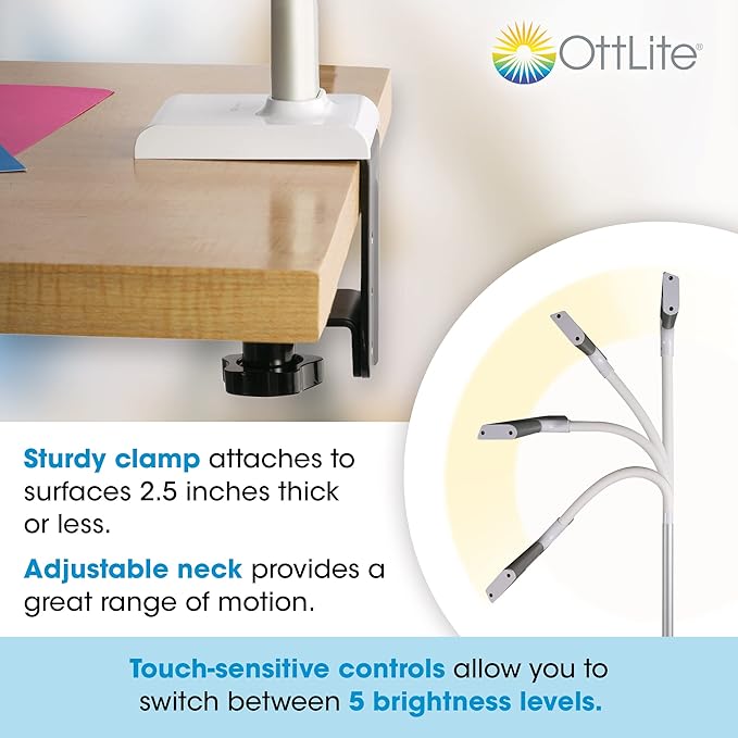 OttLite LED Desk Lamp with Sturdy Clamp - Extra Wide Lighting, Dimmable with 5 Brightness Settings & Energy Efficient Natural Daylight LEDs for Home Office, Computer Desk, Dorms & Workbench