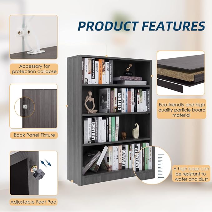 Farini Black Bookshelf for Bedroom 4 Shelf Office Bookcase 48 Inches Tall Modern Wood Bookshelf for Living Room 4 Tier Wide Manga Books