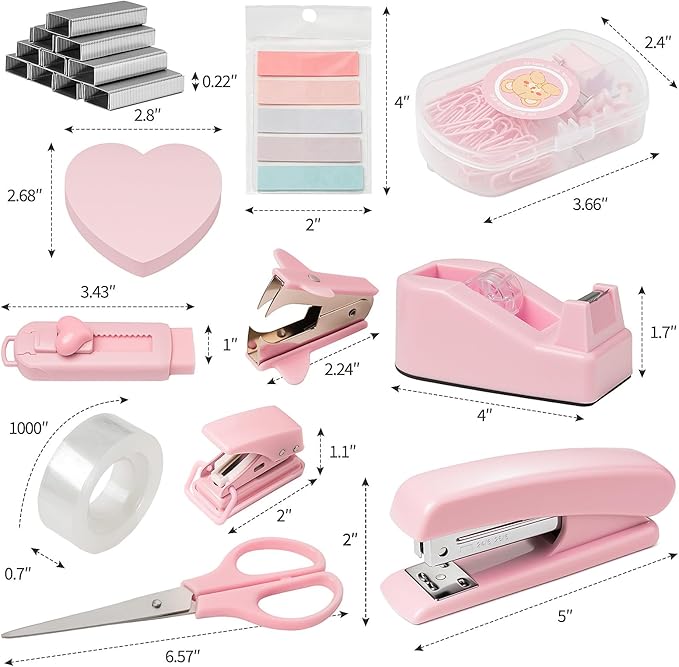 11pcs Office Desk Supplies for Clerks, Women Pink Office Accessories, Office Supplies with Tape Holder, Staple Remover, Scissors, Ruler, Clips Set, Stapler for Home & School, Work Gift for Employees