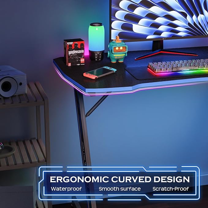 PayLessHere | 39" Gaming Table | Blue | Z-Shaped Computer Desk with Steel Frame, Headphone Hook, Adjustable Feet | Carbon Fiber Texture Surface, Sweat & Waterproof | for Gaming, Home Office