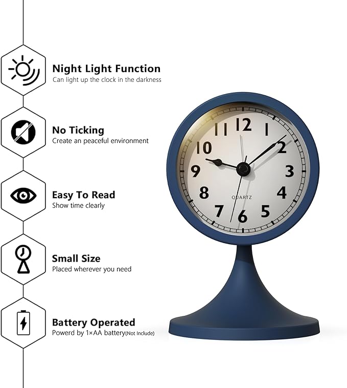 AYRELY® 3" Cute Analog Alarm Clock,Small Retro Table Clock Battery Operated,Slient Metal Desk Clock with Light for Living Room Decor,Bedroom,Bedside,Shelf (Navy Blue)