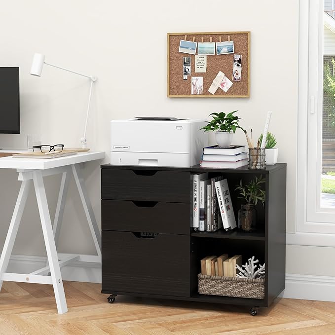 Giantex 3 Drawer File Cabinet, Office Storage Cabinet Fits Files Letter, A4, Legal Size, Rolling Printer Stand with Adjustable Shelf, Office Organization and Storage, Lateral Filing Cabinet (Black)
