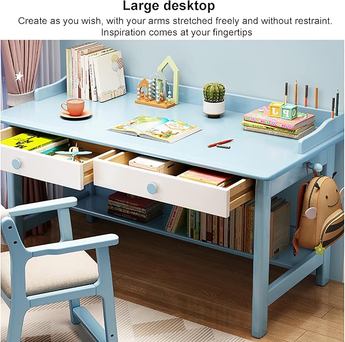 Solid Wood Writing Desk with Drawer,Mid Century Home Office Desk with Hooks,Work Study Pc Table Workstation Computer Desk with Storage Shelves for Small Spaces (120x60x75cm(47x24x30inch), Wood)