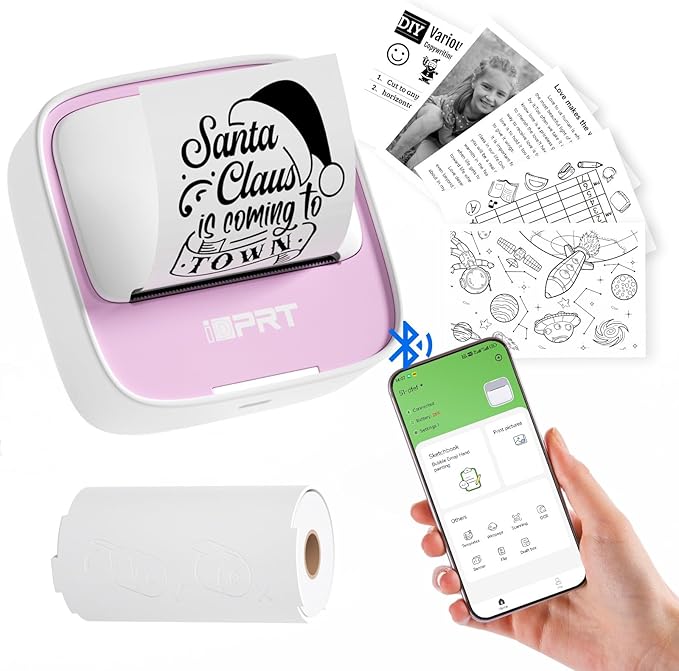 iDPRT Portable Mini Thermal Sticker Printer, Bluetooth Inkless Printers with 1 Roll Sticker Paper, Sticker Machine for Notes, Journal, DIY, Label Printing, Compatible with iOS & Android Phones, Pink