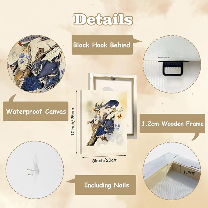 CHDITB Vintage Bird Framed Canvas Wall Art, Spring Birds Illustration, Nature Wildlife Wall Decor, Botanical Bird Poster, Retro Watercolor Art Prints For Living Room Bedroom Kitchen Decor 8”X10”x6